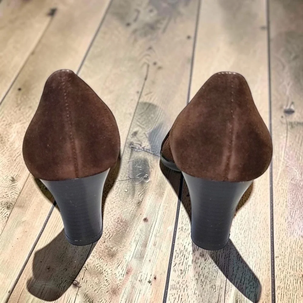 VTG Aerosoles Brown Suede Square Toe Buckle Pumps 8.5 B Womens Block Heel Y2K